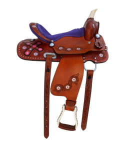 Selle de course de baril Western rembourrée pour cheval, couleur violet, avec ensemble complet d'accessoires, conchos roses, tailles 10" - 18" - Product Image 1