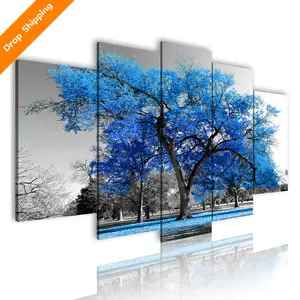 定制5个面板墙面艺术景观静物画蓝树海报和版画现代抽象墙面艺术装饰