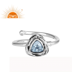 แหวนพลอยบุษราคัมสีน้ำเงินพฤศจิกายนแหวนสเตอร์ลิงออกซิไดซ์925เครื่องประดับสามเหลี่ยมปรับได้ขายส่ง - Product Image 1