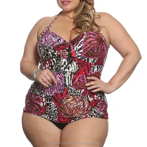 Sexy Plus Size Printed Swimwear 2 Piece Tankini Set Hater Tie Back Swimsuit