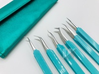 Pinzas Profesionales para Extensión de Pestañas de Acero Inoxidable Japonés Sostenible, Color Azul Aqua, Punta Puntiaguda, Tipo Volumen, 12-14 cm