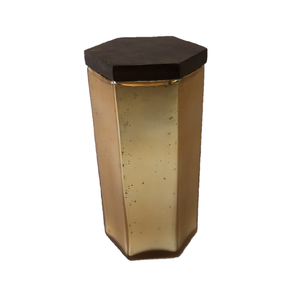 Pot de bougie vintage en verre de haute qualité, décoratif, à la main, multi-usages, hexagonal au mercure et en argent, avec couvercle en bois, motif pêche - Product Image 1