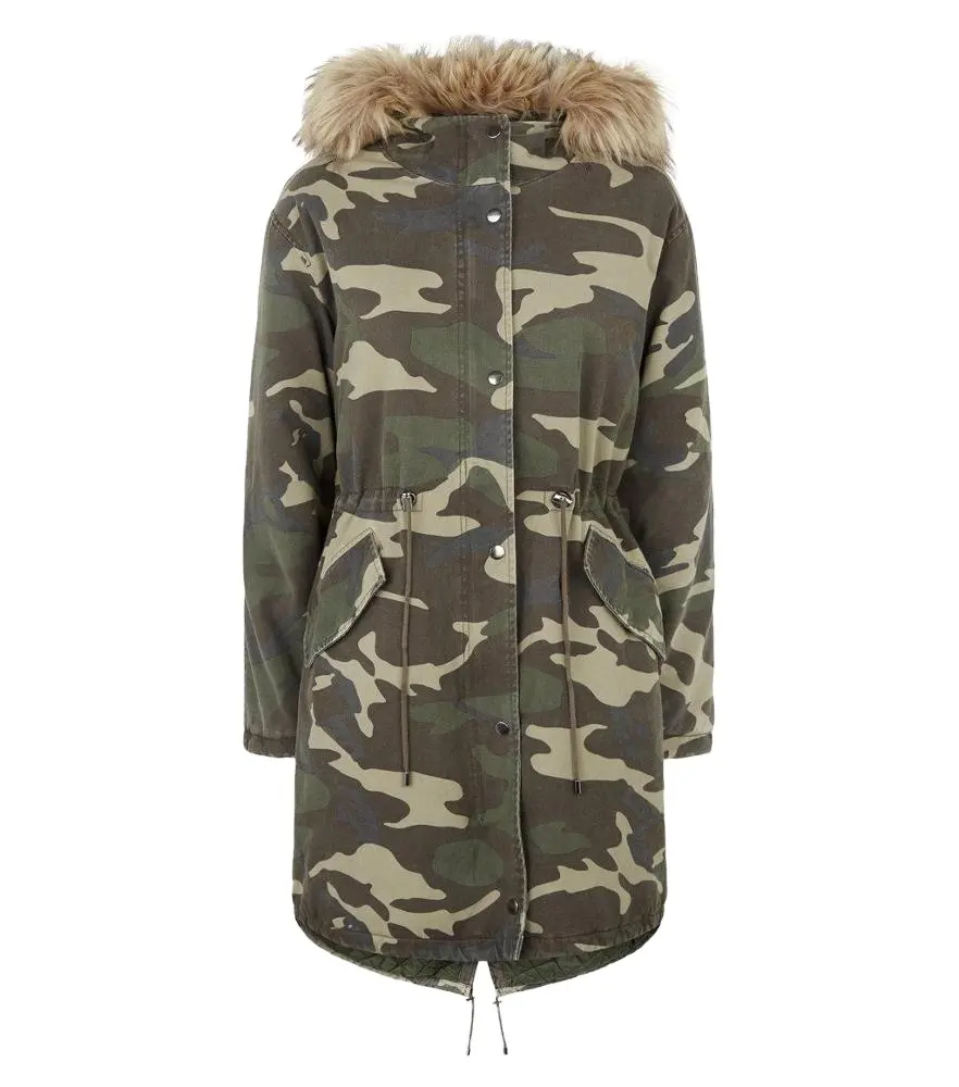 Ladies Coat Fashion Camo Faux Fur Hood Down Oversized Fur Trim Winter Parka