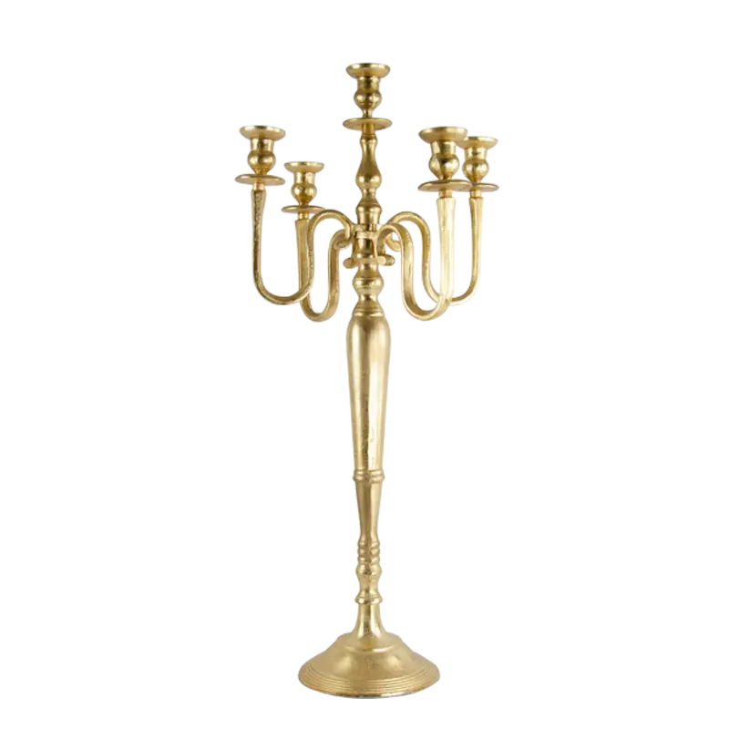 Golden candelabro metal acabado 5 braços vela pilar para casamento e decoração de interiores acessórios de iluminação a baixo preço