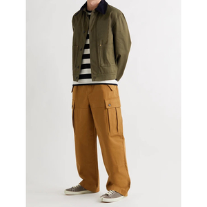 Chaqueta Bomber de pana y cuero para hombre, con Logo personalizado, de sarga de algodón recortada, con botones y bolsillos, venta al por mayor - Product Image 4