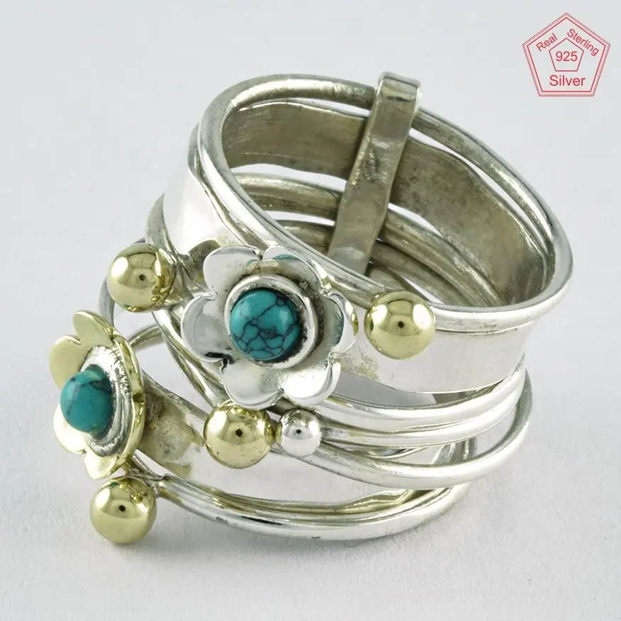 925 Sterling Silver Pretty Two Tone Turquoise Stone Handmade Stackable Ring Wholesaler India