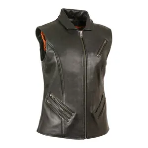 Motorbike Vest Club Style Classic High Quality Women's Black Biker Leather Vest