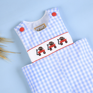 BABEENI Hand Smocked Ball Trolley Unisex 100% Cotton Romper Snap Button Closure Red Gingham Fabric CPSIA/OEKO-<b>TEX</b> Certified ODM - Product Image 1