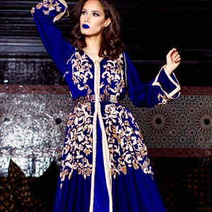 DESIGNER EMBROIDERY OF DABKA, CRYSTAL <b>BEADS</b>,GLASS STONE WORK ON STYLISH ROYAL <b>BLUE</b> EVENING--CAFTAN--DRESS @ 2022 - Product Image 1