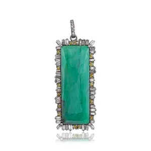 Natural Baguette Diamond Emerald Pendant Rectangle Shape 925 Silver Gemstone Handmade Jewelry Supplier