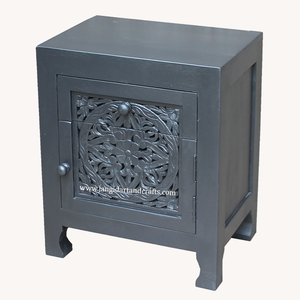 Table de chevet grise artisanale en bois d'acacia massif naturel, style nordique, avec 1 porte et 1 tiroir, pour la maison, l'hôtel, la chambre à coucher - Product Image 3
