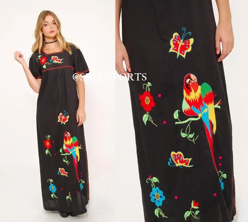 Yeni tasarımcı Flora kelebek papağan Boho el nakışı kare boyun yan yarık salonu plaj kapak Up Vintage 70s Maxi elbise