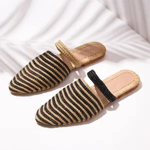 Professional Trust Striped Head Summer Flat Slippers Women Raffia Shoes Ladies Sandals Slippers Babouche Footwear