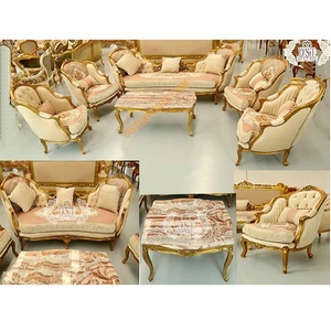 Juego de Sofás Tapizados en Tela con Acabado en Madera de Teca Pulida en Oro Antiguo para Sala de Estar - Product Image 1