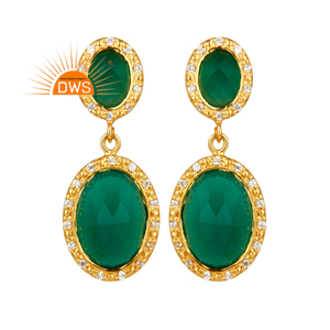 Boucles d'oreilles pendantes indiennes en onyx vert et zircon, plaquées or jaune 18 carats, bijoux de créateur, fournisseur - Product Image 1
