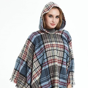 Ventes en gros de châles en laine à carreaux chauds et à capuche pour femmes, châles <span class=keywords><strong>poncho</strong></span> - Product Image 1