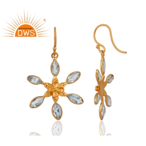 <b>Blue</b> <b>Topaz</b> Gemstone Dangle <b>Earrings</b> Jewelry Wholesale Floral Design 18k Gold Plated 925 Silver Jewelry Supplier - Product Image 2