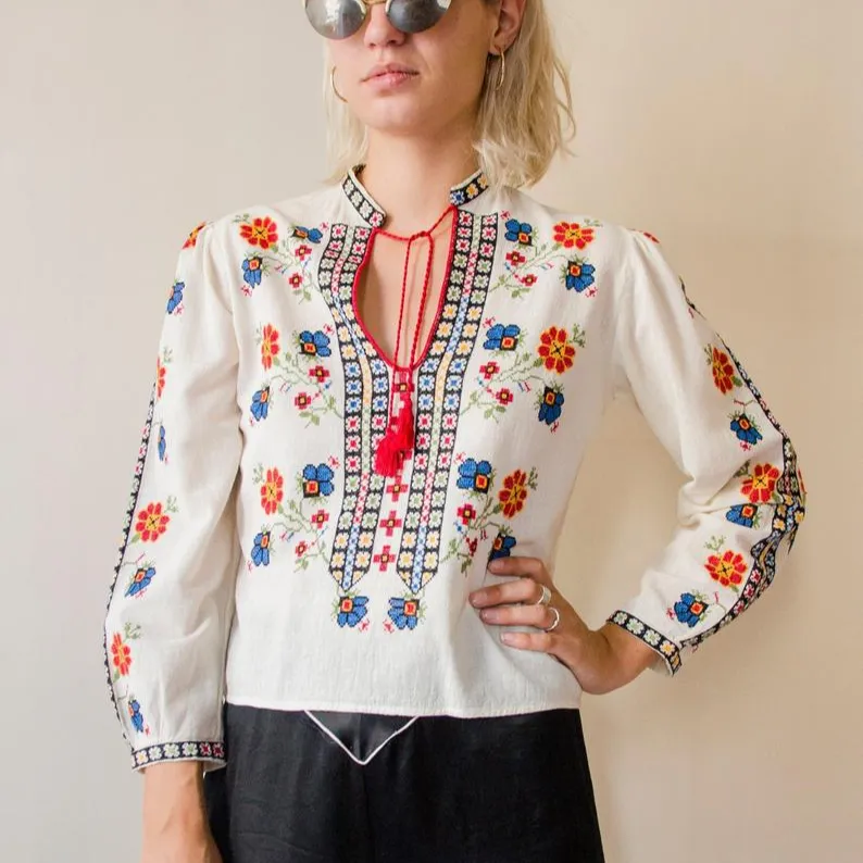 De algodón orgánico, Top bohemio Hippie único mira rumano blusa húngaro Folk estilo Cruz puntada túnica de las mujeres, traje