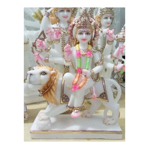 Handmade Makrana White Marble Goddess Durga Maa <b>Gold</b> Painted <b>Statue</b> - Product Image 1