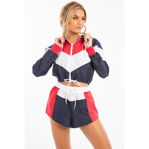 fashionable colorful design full zipper crop top stand collar women comfortable size twin sets - Product Image 1