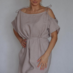 Vestido formal de lino transpirable hasta la rodilla con hombros descubiertos, mangas con hombros descubiertos, corte regular, cintura natural, color liso, para verano - Product Image 1