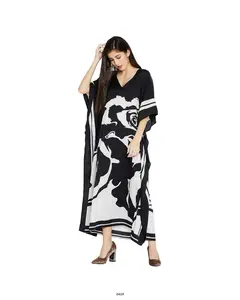 Exclusive silk print kaftan v-neck design loose fitting comfortable embellished muslim long kaftan