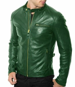 Chaqueta de motorista Unisex, de cuero de oveja 100% tintado verde, con cremallera, de alta calidad, disponible en todo tipo de cuero - Product Image 1