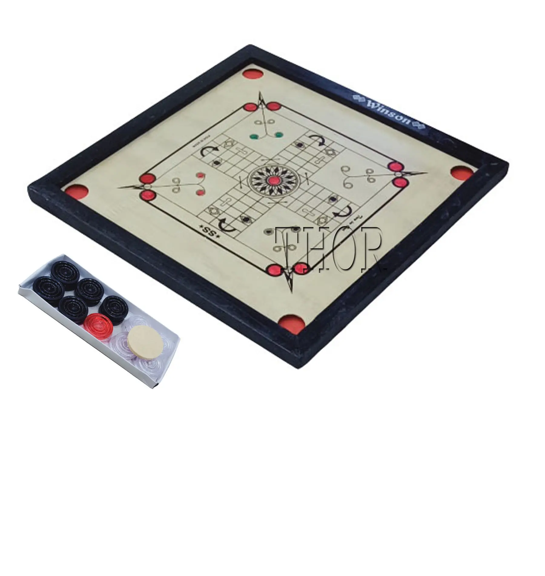 Solid Wood Carrom Board for Professionals and Clubs with Coins Striker and Boric Powder