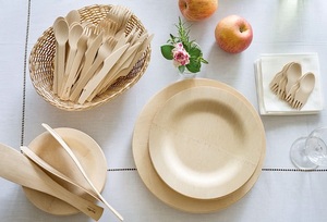 Ensemble de assiettes jetables rondes en bambou naturel, couverts (couteau, fourchette et cuillère) 4 pièces - Product Image 2