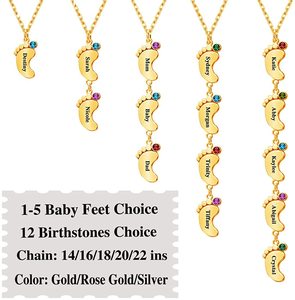 Collar de acero inoxidable chapado en oro para niños, piedras de nacimiento personalizadas, nombre de Madre, pie de bebé, joyería para el día de la madre - Product Image 2