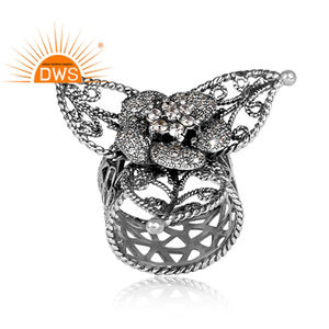 ดอกไม้รูปปูชุดสีขาวเพทายพลอยผู้หญิงวงแหวนเครื่องประดับเงินสเตอร์ลิง925ค๊อกเทลเครื่องประดับผู้ค้าส่ง - Product Image 1