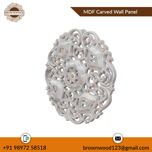 Panneau décoratif mural rond sculpté à la main en bois MDF blanc brûlé antique Fabricant indien Exportateur de panneaux décoratifs de chambre - Product Image 2