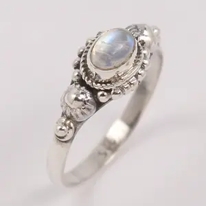 Anillo de piedra lunar del arco iris 4x6mm Oval de piedras preciosas de Plata de Ley 925 para mujer Boho arte anillo tamaño 6 7 8 9 10