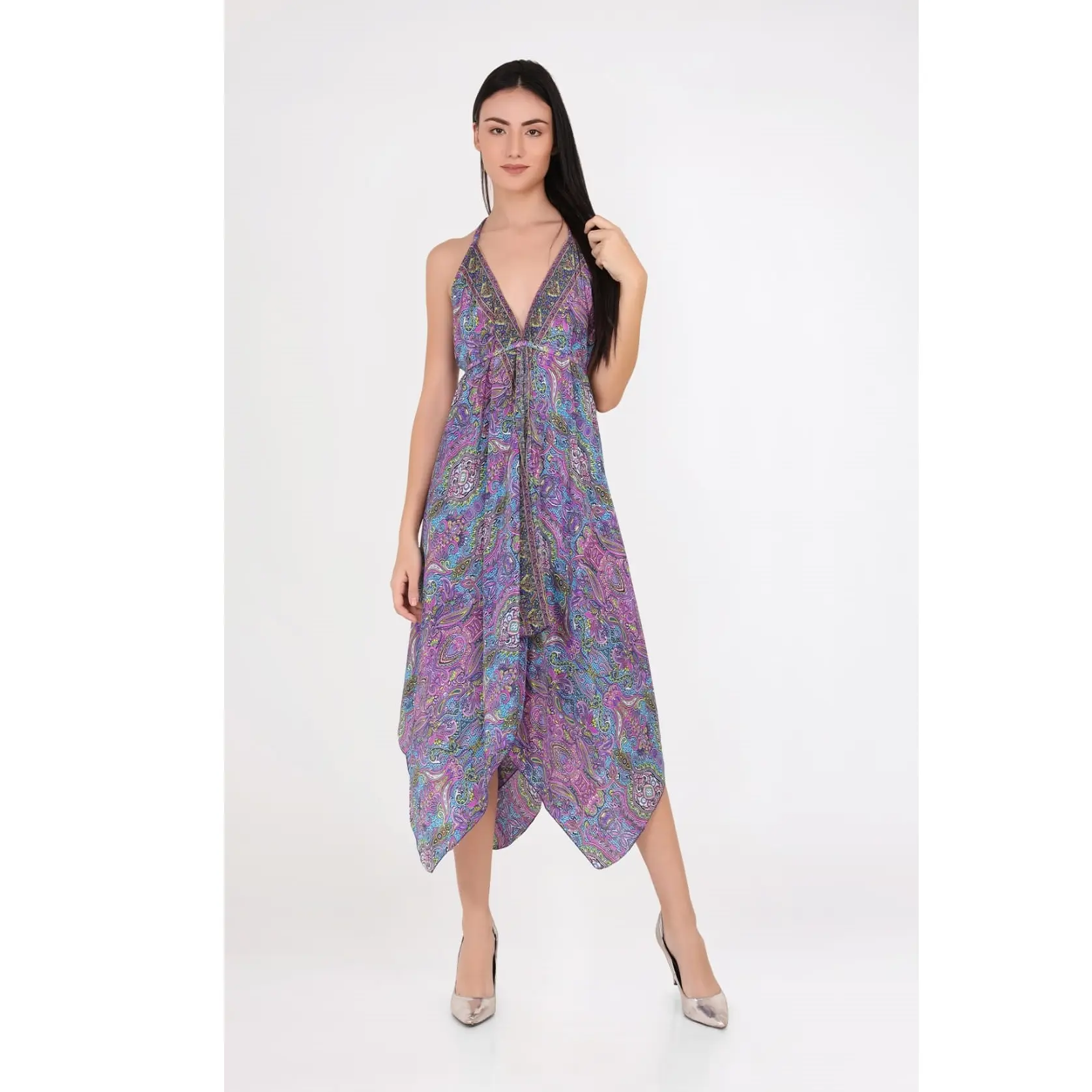 Popular Scarf Print Handkerchief Beach Dresses Designer Tie & Dye Rayon Casual Wear Spaghetti Dresses