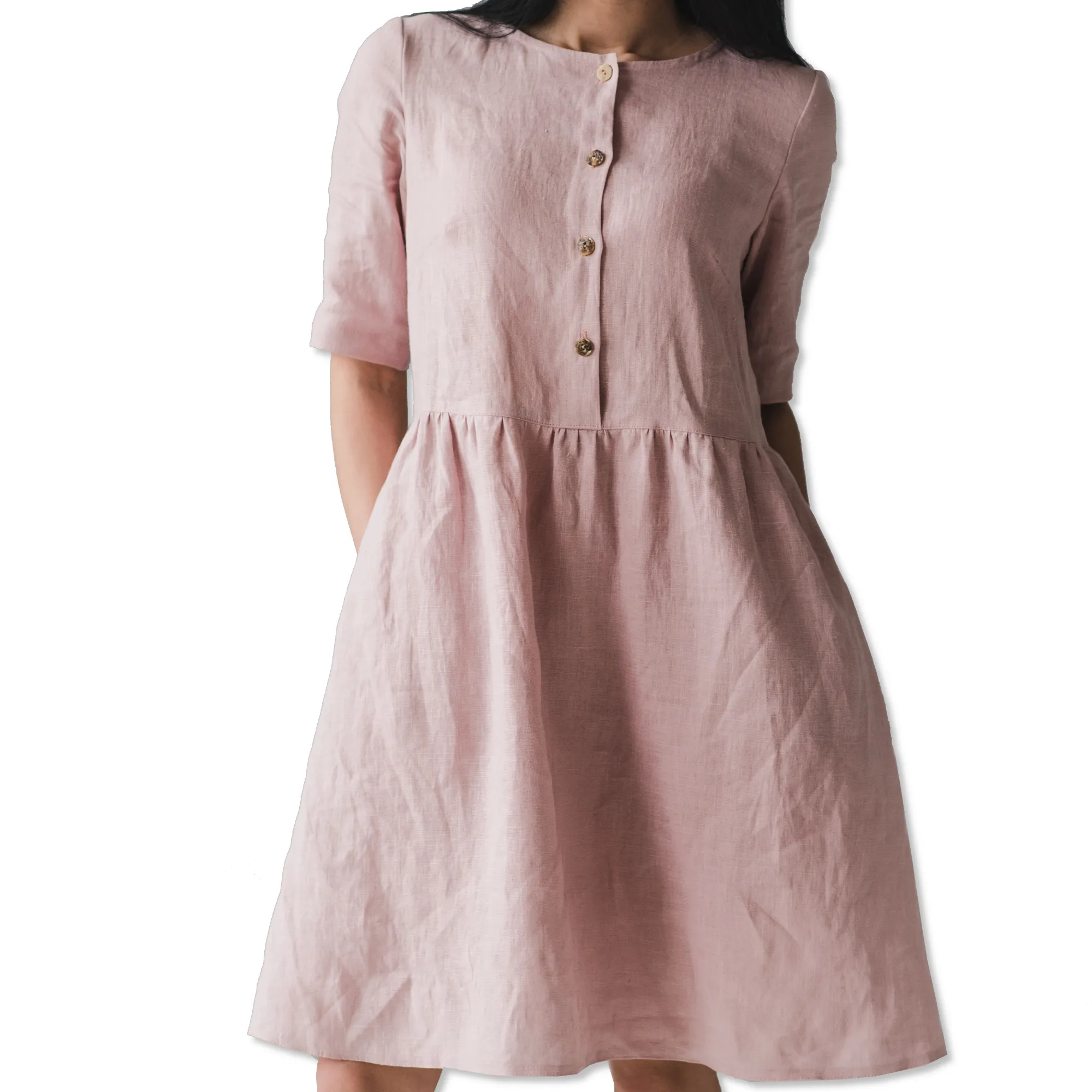 Ladies Summer Linen Wear Casual Half Sleeve Women Plain Midi Dress Handmade Various Color