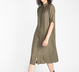 Olive Green Turn-Down Collar Shirt Dress Midi Length <b>Short</b> Sleeve Loose Fit 100% Cotton Casual Daily Wear Woven Fabric - Product Image 5