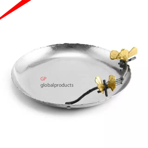 Bandeja de servicio redonda de metal con diseño de flor dorada, bandeja de servicio superior para centro de mesa - Product Image 2