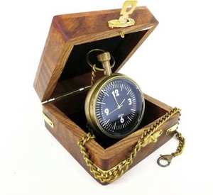 Reloj de Bolsillo Antiguo Tipo Gandhi de Latón con Cadena, Caja de Madera, Esfera Negra, Hecho a Mano, el Mejor Regalo para Padres, Madres, Hermanos, CALVIN - Product Image 1