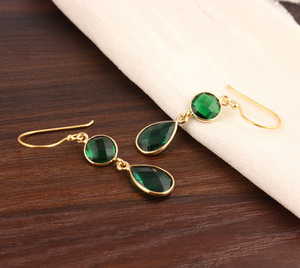 Personnalisé femmes mode larme boucles d'oreilles goutte à facettes Aqua Quartz poire Double pierre plaqué or lunette réglage bijoux - Product Image 5