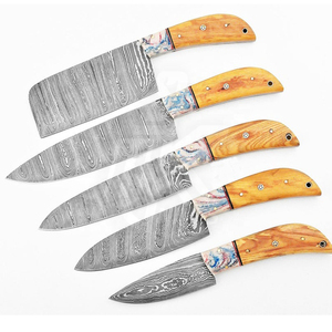Damascus <b>Knife</b> 05 Pcs Chef <b>Knife</b> 1095 and 15N20 <b>Set</b> Material - Product Image 3