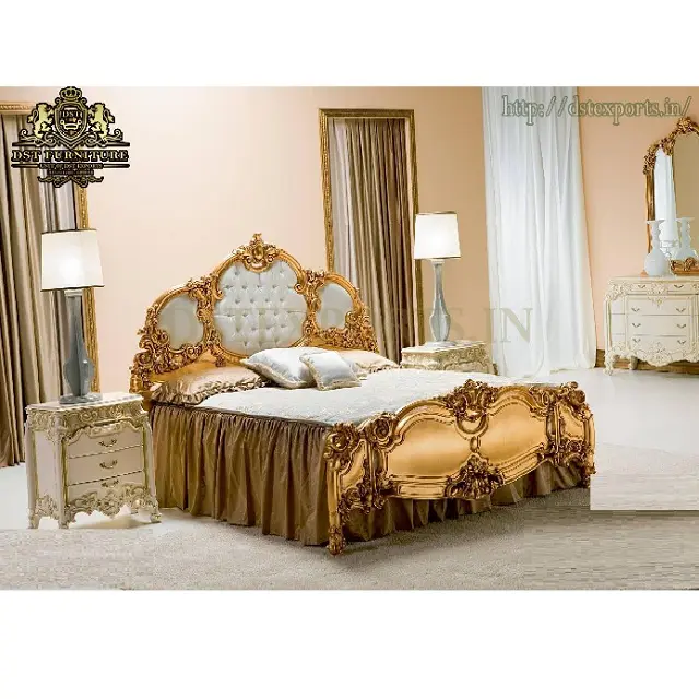 Indian Classical Style Gold Finish Tufted Bed Best Quality Baroque Style Teak Wood Bed Royal Gold Bed for Modern Home Interior