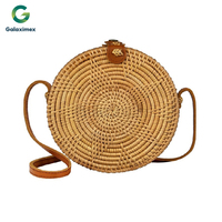 Penjualan Panas Galaximex Tas Tangan Bulat Anyaman Rotan Buatan Tangan dengan Kulit Warna Alami Desain Kustom 20x7cm untuk Wanita Grosir