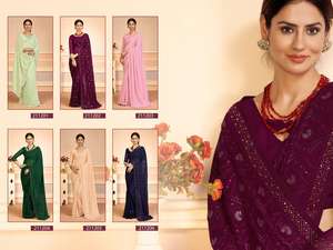 Sari In à paillettes de styliste, en Georgette, tissu bordé avec toutes les broderie, sarre de travail avec blouse assortie de contrastée - Product Image 2