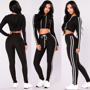 women fitness Tracksuit Tights sport 2pcs set For Female Clothing Slim Fit Long Sleeve <b>Crop</b> <b>Top</b>+Sport Pant <b>striped</b> Tracksuits - Product Image 3