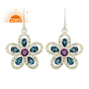 Boucle d'oreille en topaze naturelle bleue et améthyste, 1 pièce, en argent Sterling, fleur, vente en gros - Product Image 1