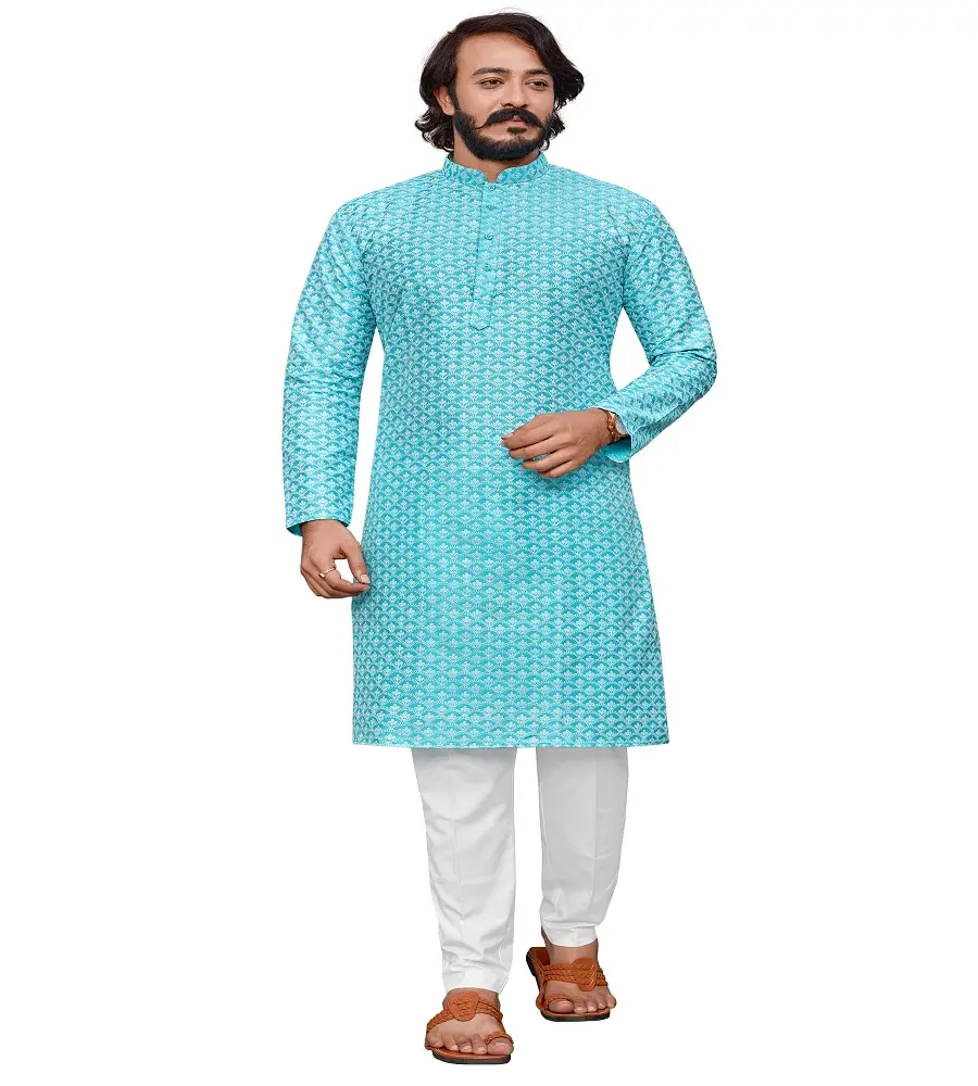 Designer Indian Ethnic Chikankari Cotton Apple Green Kurta With Churidar Pajama For Men