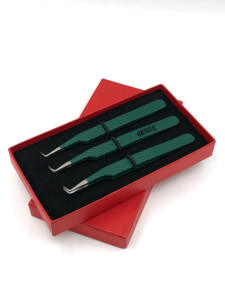 Pinzas de extensión de pestañas de acero inoxidable de 90 grados con revestimiento en polvo verde Kelly de alta calidad, instrumento de belleza con logotipo personalizado - Product Image 4