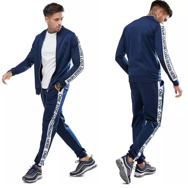 Otot saudara olahraga setelan Eropa tren Amerika sisi strip kebugaran ritsleting hoodie Sweatpants Slim kasual mode tracksuit