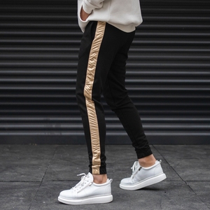 Jogger de rayas doradas para hombre, ropa urbana informal de 2023 algodón, y tobillos elásticos con cordones, color negro, venta al por mayor, 100% - Product Image 2