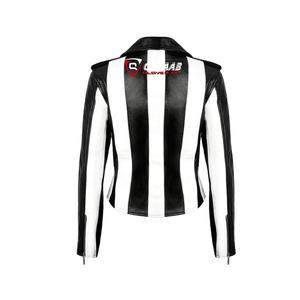 Lady's Long Motorcycle Jacket Breathable Black Leather Outer-Shell Striped-Zippers Cotton Filling Rivet Black <b>Waistcoat</b> - Product Image 3